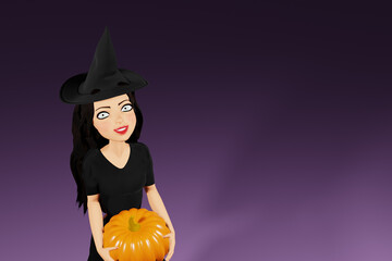 Woman character in witch halloween costume with hat holding pumpkin on dark background. 3d render