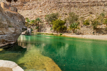 Fototapeta na wymiar View of the Wadi Bani Khalid oasis in the desert in Sultanate of Oman.