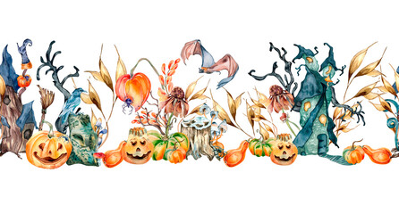 Obraz na płótnie Canvas Seamless board of colorful Halloween watercolor illustration isolated on white background.