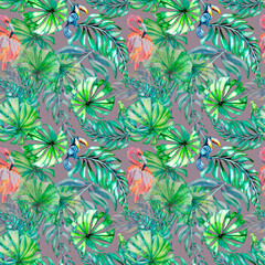 Tropical birds and palm leaves watercolor seamless pattern on grey background © Ekaterina Lanbina