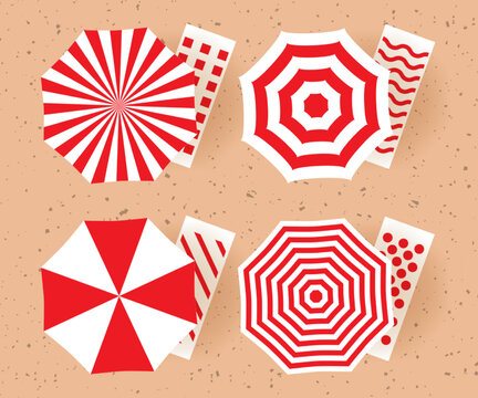 Beach umbrella and beach chairs of different design. Top view. Summer concept vector illustration