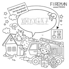 Obraz premium Puzzle Game for children. Coloring Page Outline Of cartoon fireman or firefighter with fire truck. Fire fighting. Coloring book for kids.