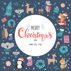 Merry Christmas greeting card or banner with lettering and cute characters and seasonal round shape elements