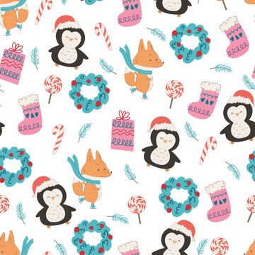 Christmas pattern with cute animals and seasonal elements. Festive background with ice skating fox, penguin, wreath and gifts.