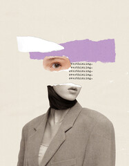 Contemporary art collage. Conceptual image with young girl suffering from overthinking. Many...