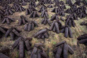 Machine-cut turf is drying in the vast landscape of north-west Ireland.