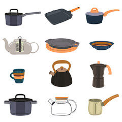 Big collection with kitchen dishes vector illustration. Cooking tool, utensil for kitchen isolated on white background.