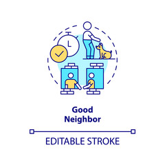 Asking neighbors to pet sit concept icon. Animal grooming. Good neighborhood abstract idea thin line illustration. Isolated outline drawing. Editable stroke. Arial, Myriad Pro-Bold fonts used