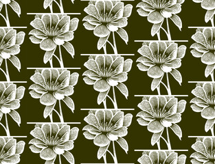 Seamless vector line art pattern made of blooming flowers