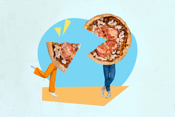 Picture advert collage of two freak people with pizza body have match round taste lunch on drawing background