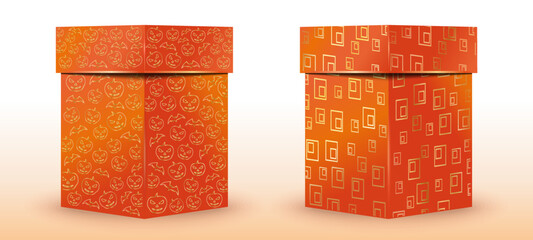 Halloween design. Orange gift boxes set for Halloween gifts. Vector illustration isolated on white
