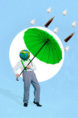 Vertical collage image of person planet earth globe instead head hold umbrella cover protect flying bottles crumpled paper