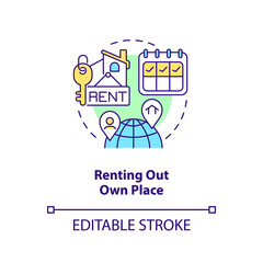 Renting out own place concept icon. Offset travel costs. Landlords. Find tenants abstract idea thin line illustration. Isolated outline drawing. Editable stroke. Arial, Myriad Pro-Bold fonts used