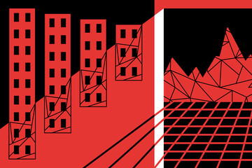 Window into virtual reality. VR and real life connected. Black red white vector illustration. Metaverse penetrate into city. Triangular grid.