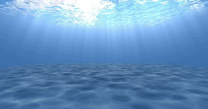 Rays of sunlight shining from above penetrate deep clear blue water. Caustic effect in the seabed. Sunlight beams underwater. Seamless Loop-able 3D Animation 4K