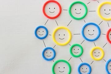 Concept image of group of smiling faces. Metaphor of happiness and satisfaction