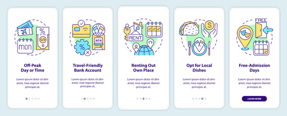 Saving travel tips onboarding mobile app screen. Reduce trip costs walkthrough 5 steps editable graphic instructions with linear concepts. UI, UX, GUI template. Myriad Pro-Bold, Regular fonts used