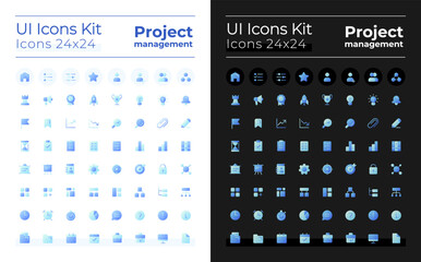 Project management pixel perfect flat gradient two-color ui icons kit for dark, light mode. Business plan. Vector isolated RGB pictograms. GUI, UX design for web, mobile. Poppins font used