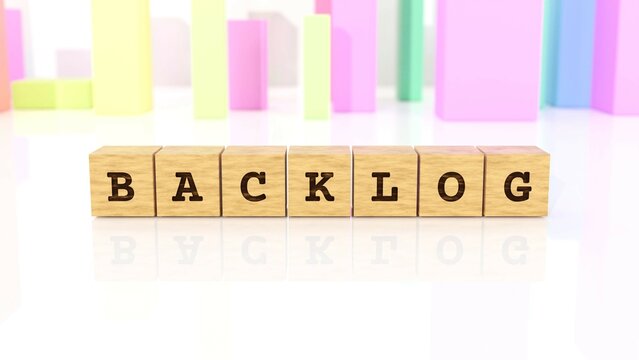 Word BACKLOG carved on wooden cube blocks reflected on the white table. Business concept. In the back are colorful cuboids in many different shapes. (3D rendering)
