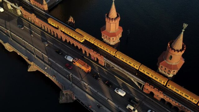 Top down view on traffic in Berlin Germany on the famous Oberbaum bridge