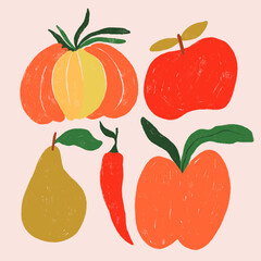 Modern abstract flowers and plants collection 'Blossom'. Cards with crayon style vegetables and fruits