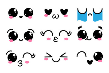 Set of cute lovely kawaii emoticon. Doodle cartoon face in childlike manga cartoon style.