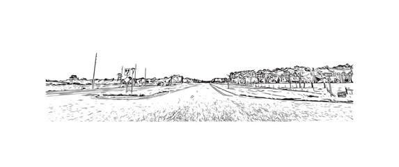 Building view with landmark of Palm Bay is the 
city in Florida. Hand drawn sketch illustration in vector.