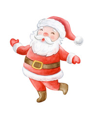 Happy dancing Santa Claus cartoon isolated on white background. watercolor illustration. Template Clip art.