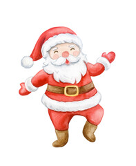 Happy dancing Santa Claus cartoon isolated on white background. watercolor illustration. Template Clip art.