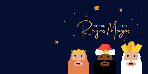 Feliz día de los Reyes Magos. Tarjeta banner plantilla en español. Ilustración