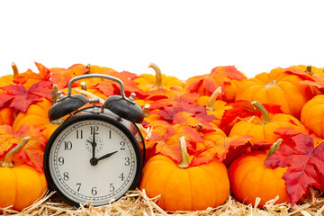 Retro alarm clock with orange pumpkins with fall leaves on straw hay isolated over white