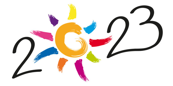 Carte de vœux sur le concept de l’espoir et de l’optimisme pour l’année 2023, avec le symbole d’un soleil aux rayons multicolore.