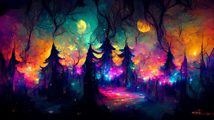 Colorful Dark Night Fairytale Fantasy Forest Landscape with Magical Glows, Abstract forest with Magic Fantasy Neon Lights Night Atmosphere, Fairy  Tale Forest Concept