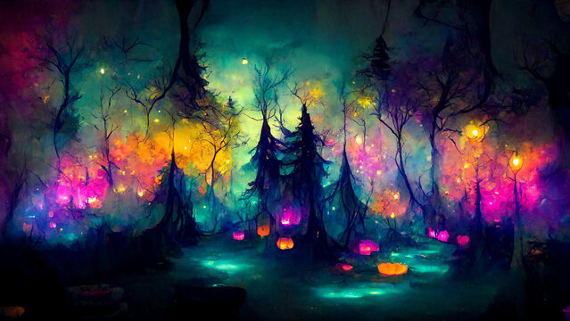 Colorful Dark Night Fairytale Fantasy Forest Landscape with Magical Glows, Abstract forest with Magic Fantasy Neon Lights Night Atmosphere, Fairy  Tale Forest Concept