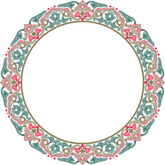 Vector colored round oriental ornament. Arabic patterned circle of Iran, Iraq, Turkey, Syria. Persian frame, border. Lacy carved snowflake.