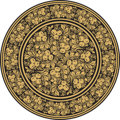 Vector gold round Russian folk ornament Khokhloma. National endless circle, tray, plate of Slavic peoples, Belarusians, Ukrainians..