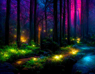 Colorful Fantasy Forest Landscape with Magical Glows, Abstract Forest with Magic Fantasy Neon Lights. Colorful Forest Night Atmosphere, Fairy Tale Forest Concept.