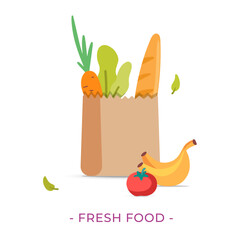 Grocery brown paper bag with fresh eco organic food concept design. Recycle paper bags and package with fresh healthy food, product and vegetables logo. Flat cute bag icon isolated on white background