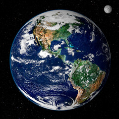 Planet earth globe from space, north and south America physical map with the moon and stars on a black background. Satellite photo. Elements of this image furnished by NASA. - obrazy, fototapety, plakaty