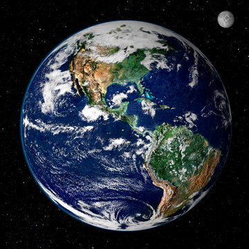 Planet earth globe from space, north and south America physical map with the moon and stars on a black background. Satellite photo. Elements of this image furnished by NASA.