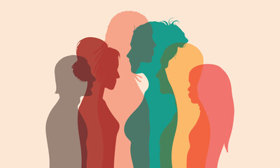 Dialogue between people of different ages and ethnic groups. Diversity between people and Multiple exposure. Crowd talking and Many different people talking.
