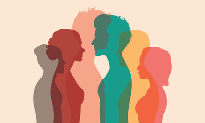 Dialogue between people of different ages and ethnic groups. Diversity between people and Multiple exposure. Crowd talking and Many different people talking.