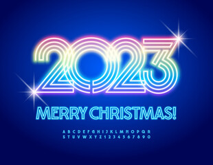 Vector light up disco Merry Christmas 2023 Greeting Card!  Glowing Blue Font. Neon Alphabet Letters and Numbers. 