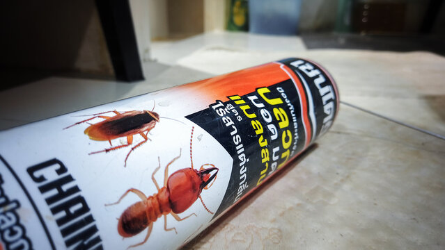 BANGKOK, THAILAND - OCTOBER 13, 2020: Emptied Chaindrite Insect Spray Can on the Floor.