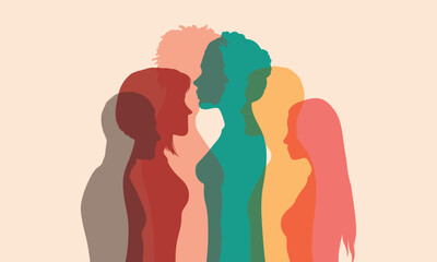 Vector illustration with cartoon characters. Women, girls, and men of diverse ethnicities. Racial equality and diversity.