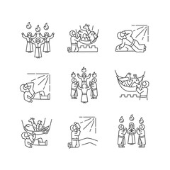 Naklejka premium Bible narratives linear icons set. Legends from Old and New Testament. Religious stories. Early christians. Customizable thin line symbols. Isolated vector outline illustrations. Editable stroke