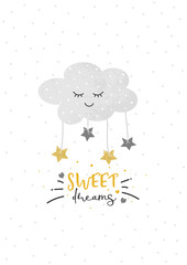 Poster for the children's room with a cute cloud and stars with glitter in grey and yellow colours. Vector