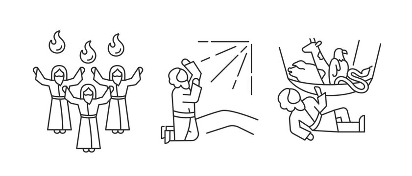 Biblical stories linear icons set. Early christians. Religious legends. Christianity narratives. Customizable thin line symbols. Isolated vector outline illustrations. Editable stroke