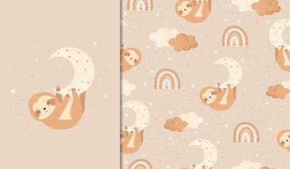 Set of posters and seamless patterns with a cute sloth hanging on the moon. Children's illustration for posters, textiles. Vector