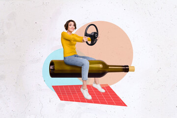 Magazine collage with concept of driving under alcoholic condition drunk woman road trip big champagne bottle